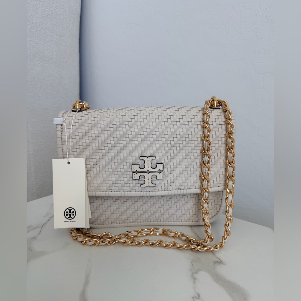 Tory Burch Cream Woven Leather Chain Crossbody Bag